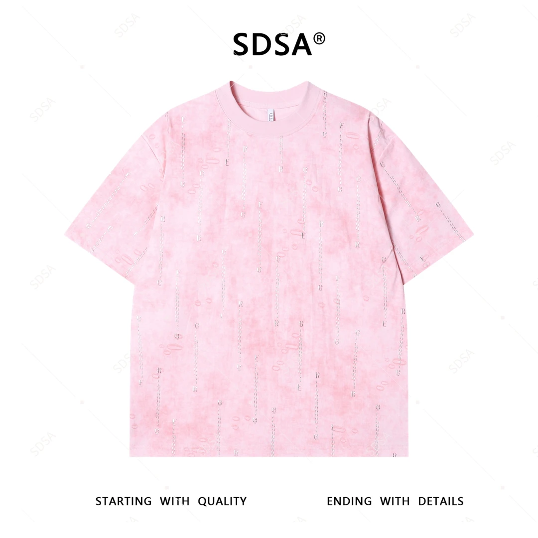 夏季高级感新款男士美式扎染虚线字母印花短袖T恤时尚圆领上衣