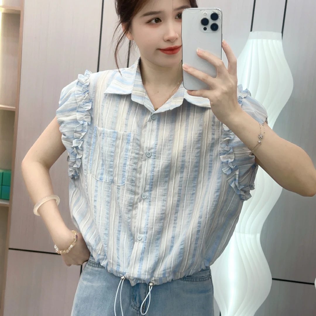 7534竖条纹polo领短袖衬衫女2025新款夏季时尚设计感百搭抽绳上衣