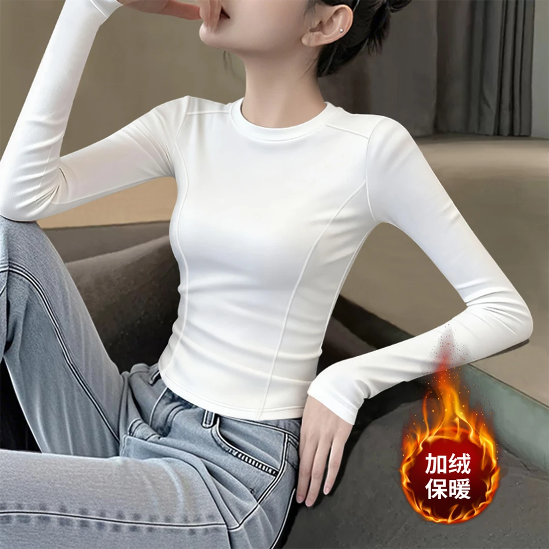 2026新款秋冬季德绒圆领长袖打底衫女设计感拼接鱼骨内搭保暖上衣