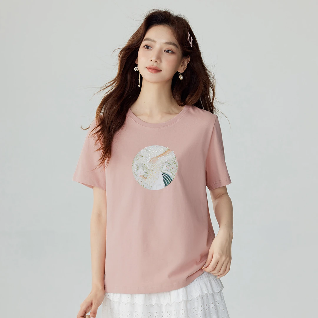茵曼夏季女T恤上衣短袖纯棉显瘦休闲圆领宽松印花时尚爆款百搭