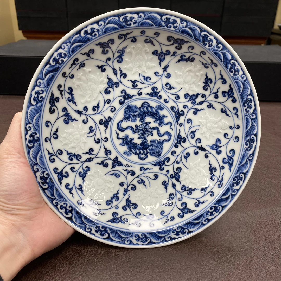 又见春风青花阳雕缠枝莲壶承茶盘景德镇手工纯手绘茶具干泡台