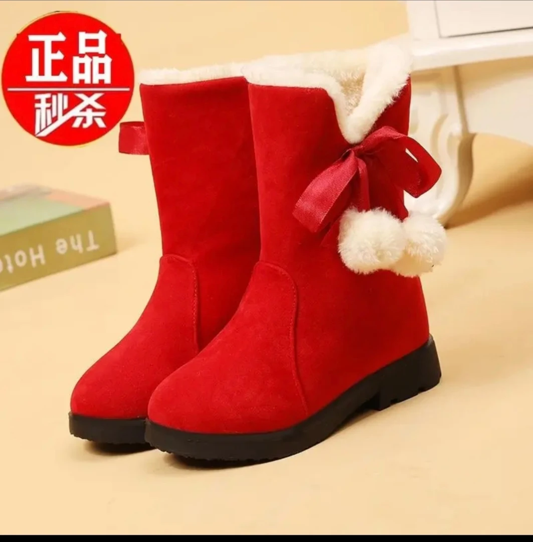 女童公主雪地靴冬季中国风一脚蹬高筒加绒保暖防寒红色棉鞋过年鞋