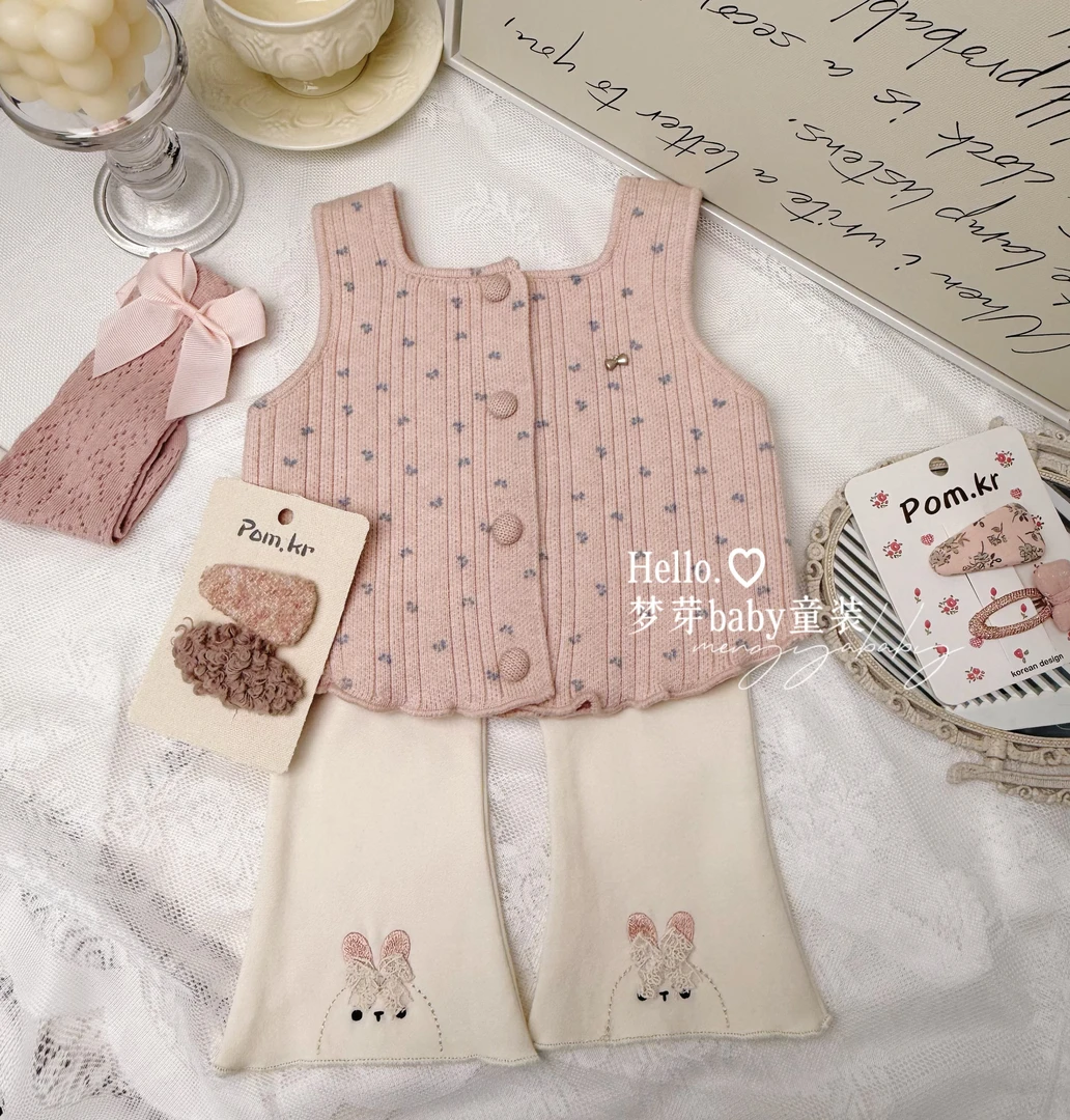 女童秋冬针织套装无袖马甲打底衫打底裤女宝宝2025新款韩版三件套