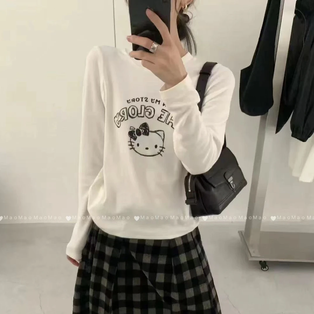 趣味卡通Kitty猫植绒印花长袖T恤女2025秋款宽松磨毛减龄上衣7745