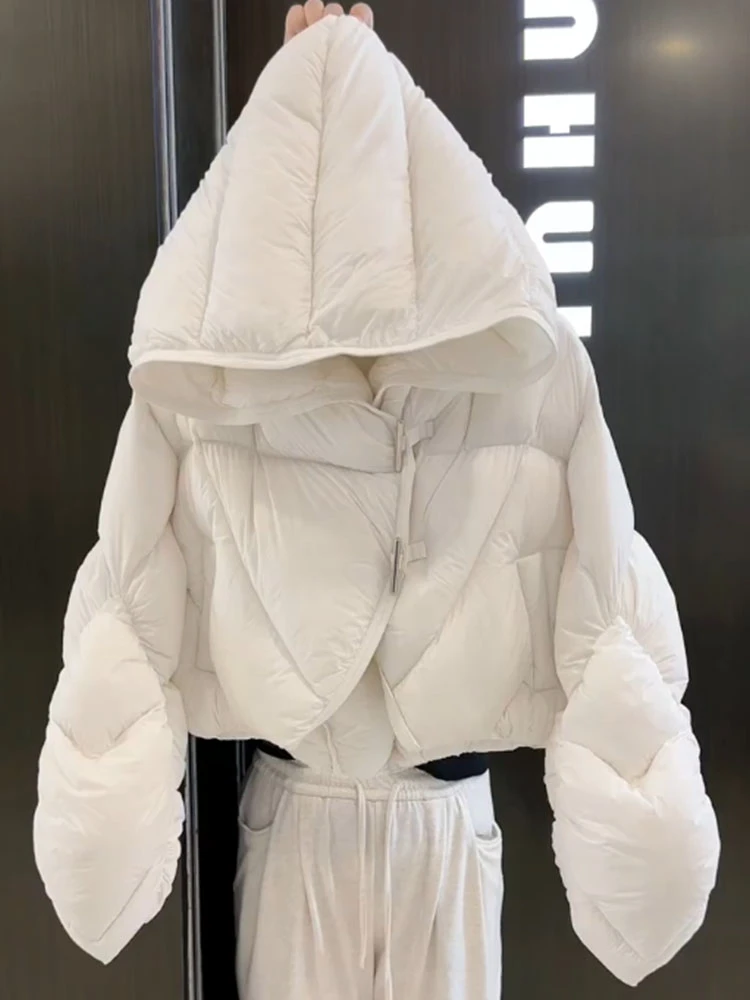 韩版白色短款连帽棉服外套女冬季设计感独特外穿加厚保暖棉袄上衣