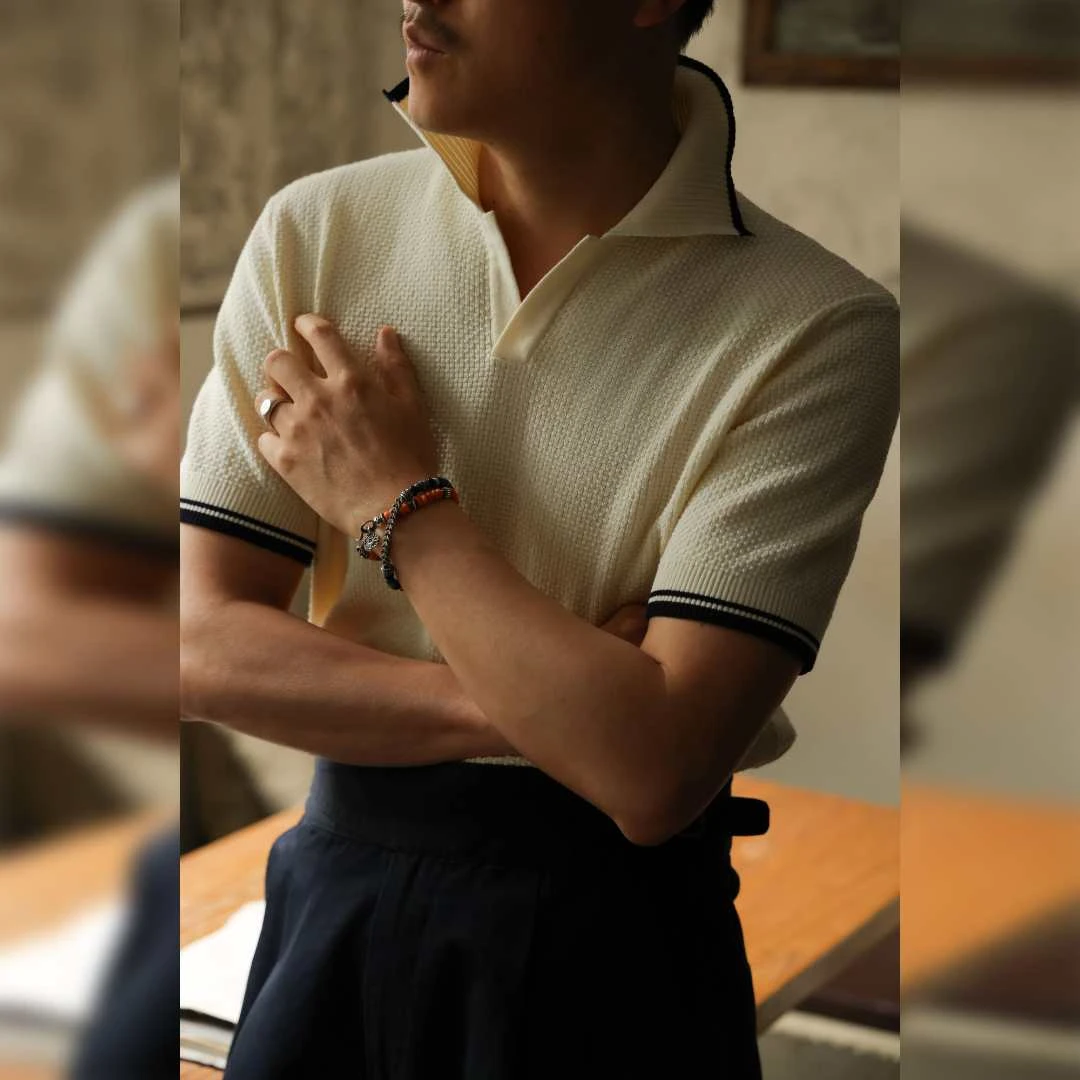 UGENTLE男装「 杏白蓝缕」 重磅颗粒感  干爽强捻棉 针织短袖polo衫