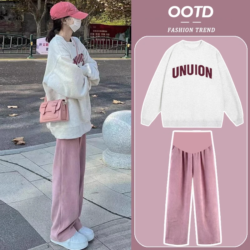 孕妇套装时尚洋气时髦2025新款宽松印花上衣卫衣裤子两件套秋冬款