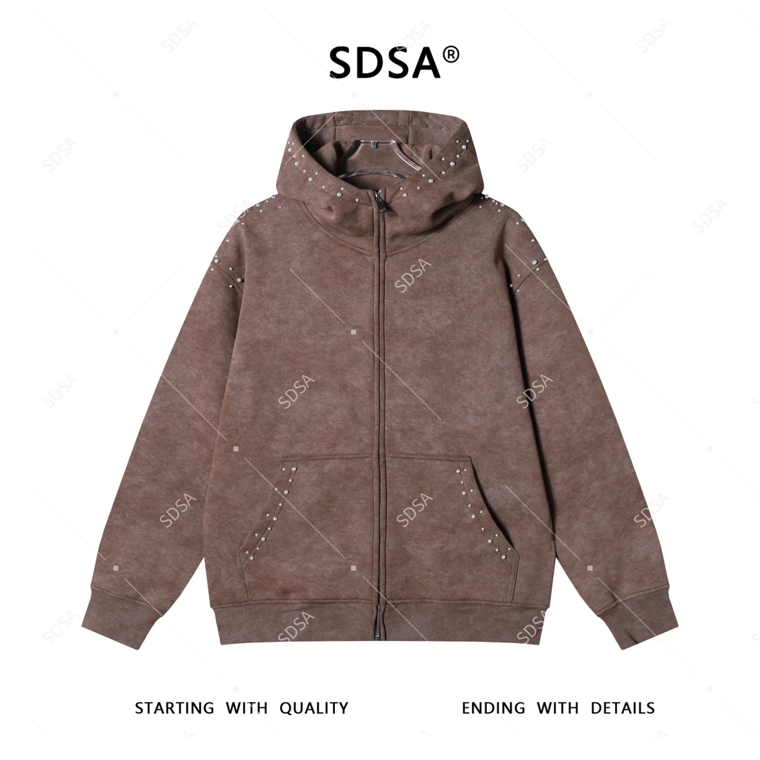 SDSA男士2025新款轻奢痞帅男装扎染立体珠子立领连帽拉链卫衣外套