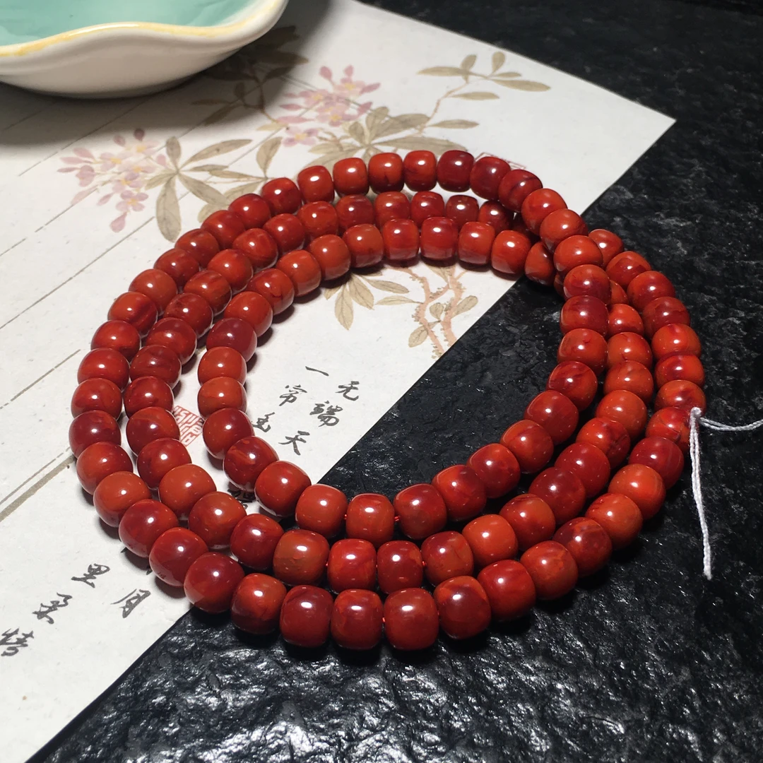 【朱锦南红】精品瓦西南红玛瑙满色满肉火焰纹老型四圈串7.5mm67.9g