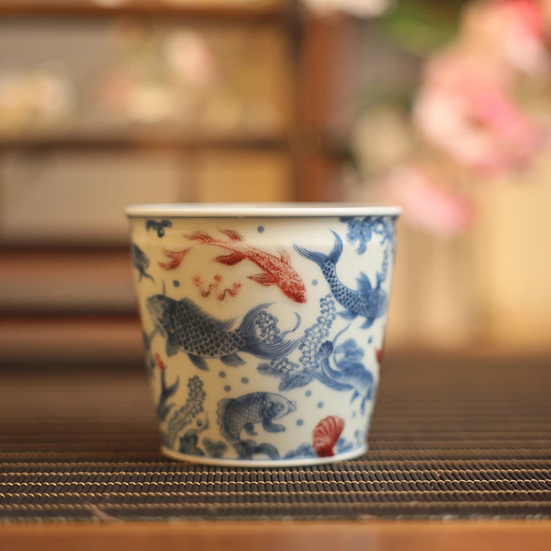 【墨舍名窑】屹朴青花釉里红鱼多多可乐杯（yipu457）陶瓷主人杯手绘