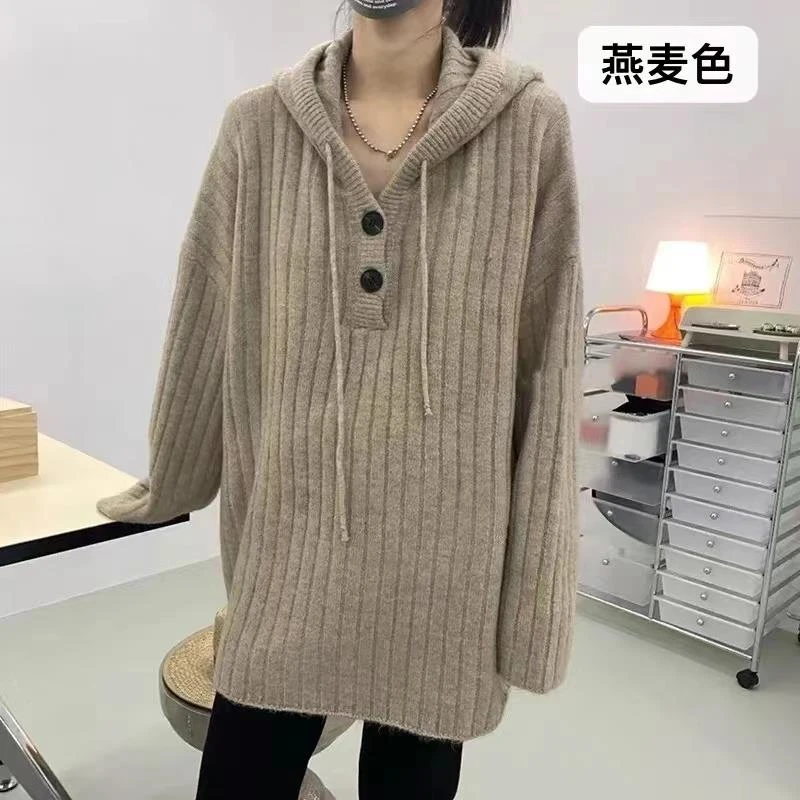 秋冬大板型加厚带帽宽松胖MM中长款慵懒风坑条毛衣针织衫
