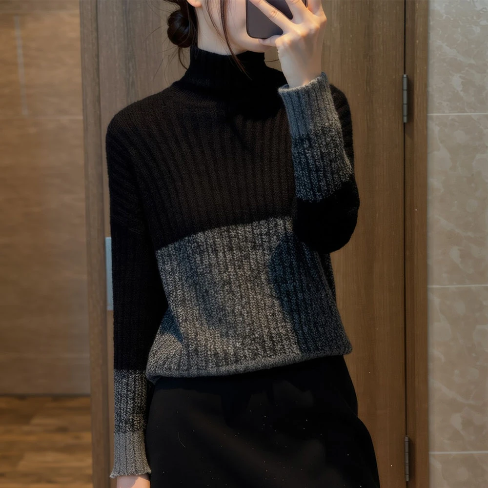 女士撞色高领毛衣2025秋冬高级感内搭减龄洋气修身打底针织衫上衣