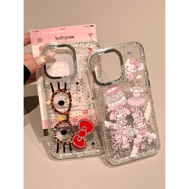 高级粉美乐蒂豹纹眼镜适用苹果15手机壳闪钻边框16/14防摔保护壳