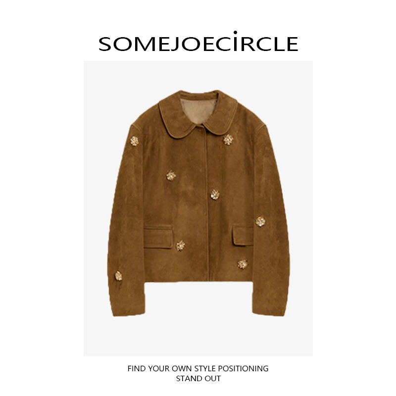 SOMEJOECIRCLE【LETR*NS】25新款钉珠绒面短款皮衣外套女Z7247