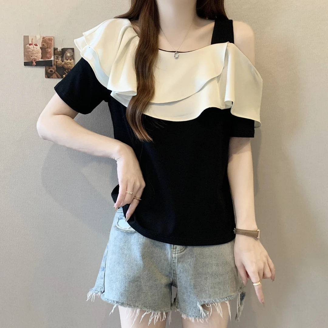 大码女装遮肚子双层荷叶边短袖t恤女夏季胖妹妹显瘦露肩吊带上衣