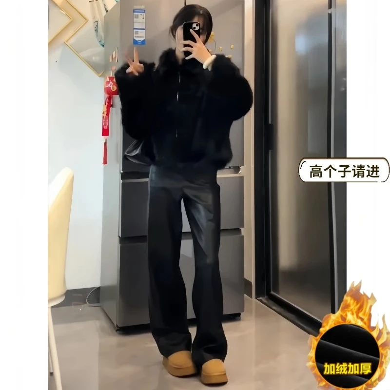 180高个子加长黑色PU皮裤女秋冬加绒阔腿裤175超长窄版直筒堆堆裤