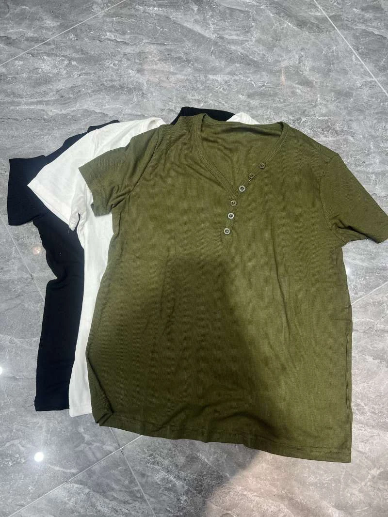 【妮妮】287款V领扣子短袖螺纹弹力棉T恤