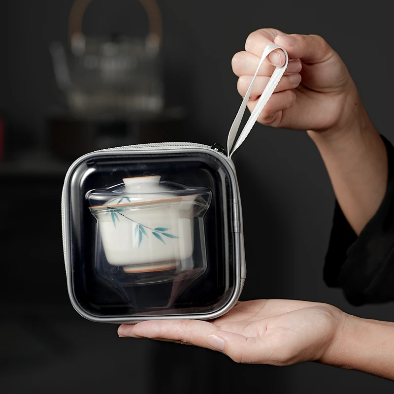 陶瓷悬停盖碗盖碗旅行茶具便携功夫茶杯户外露营泡茶套装一壶二杯