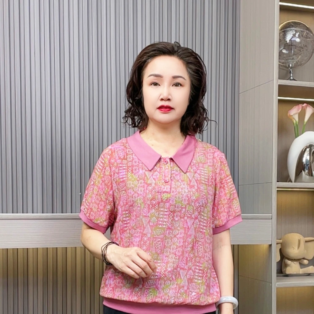 短袖显瘦娃娃领印花中老年女装T恤夏季百搭透气时尚妈妈装小衫