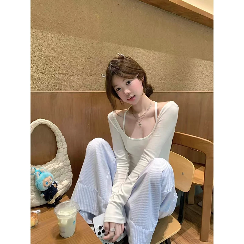 2025显瘦韩系罩衫长袖t恤上衣内搭吊带背心打底小个子休闲阔腿裤