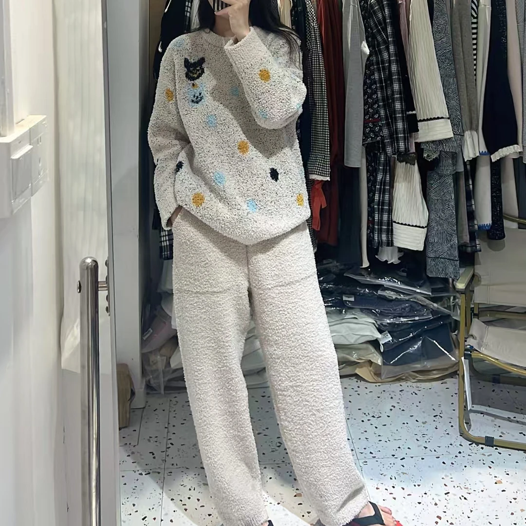 小熊半边绒睡衣女秋冬加厚保暖有口袋慵懒风家居服