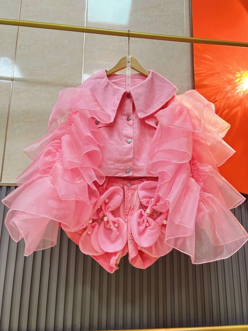 2356【熙妮潮牌】潮牌设计师私人定制牛仔娃娃领马甲拼纱袖甜美宽松