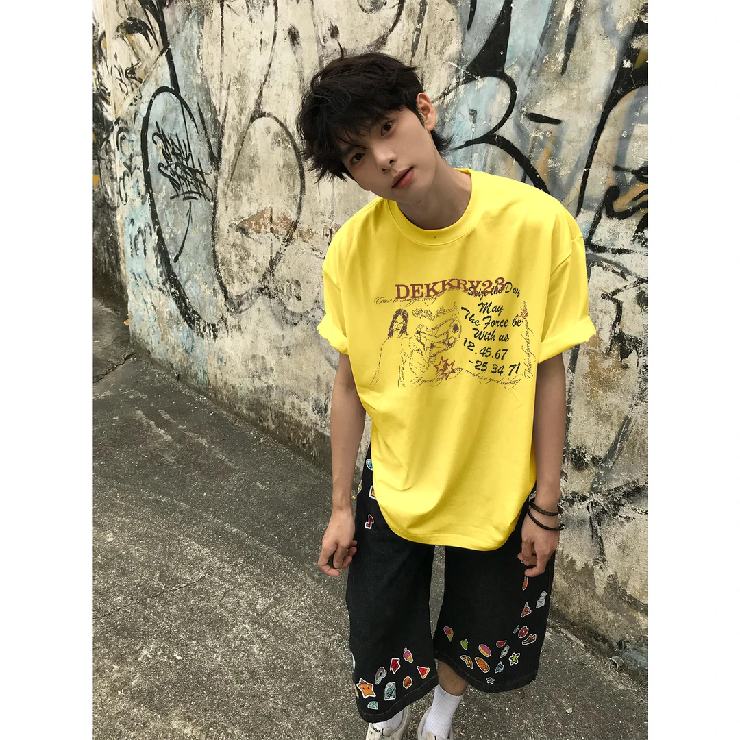 100%纯棉美式ins风潮流字母宽松印花短袖T恤夏季男女休闲情侣上衣