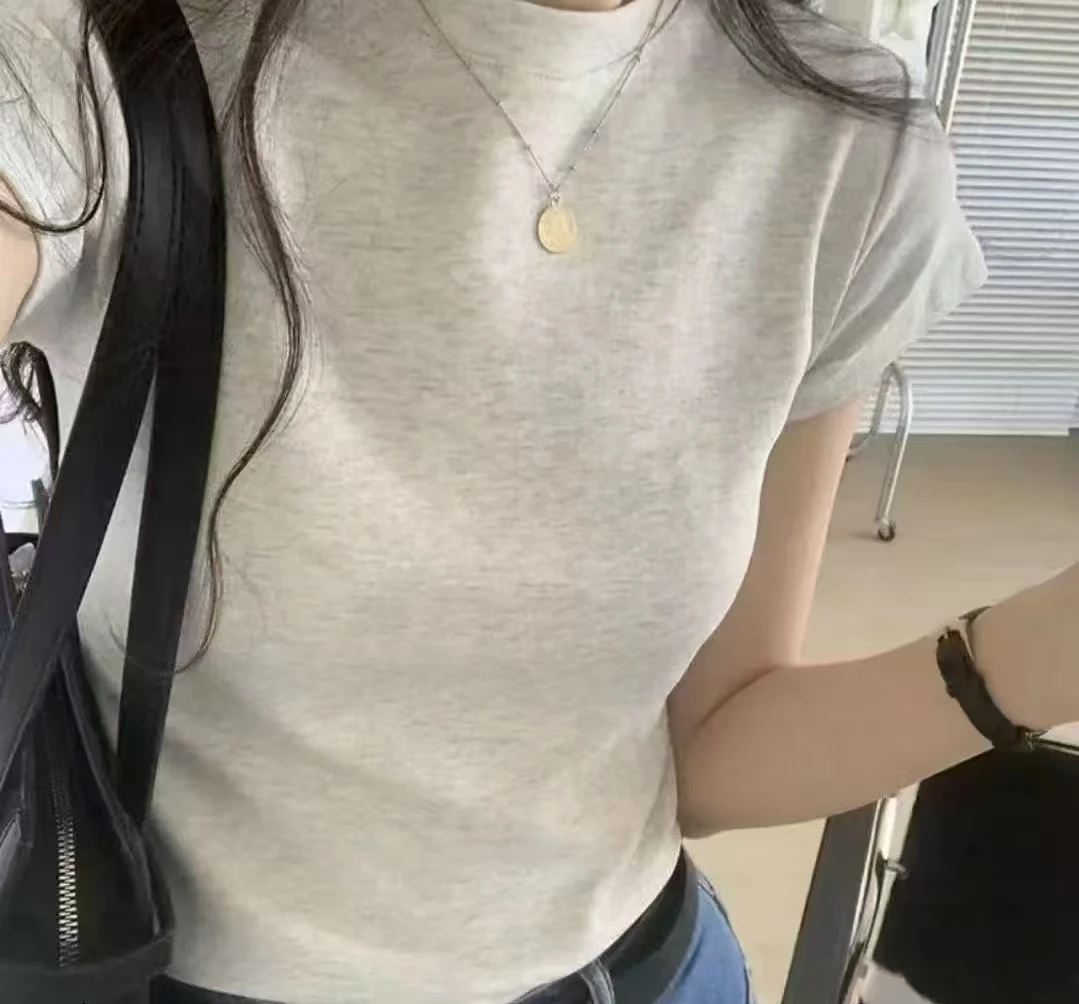 夏季新款小高领修身短款纯色短袖T恤女百搭显瘦上衣