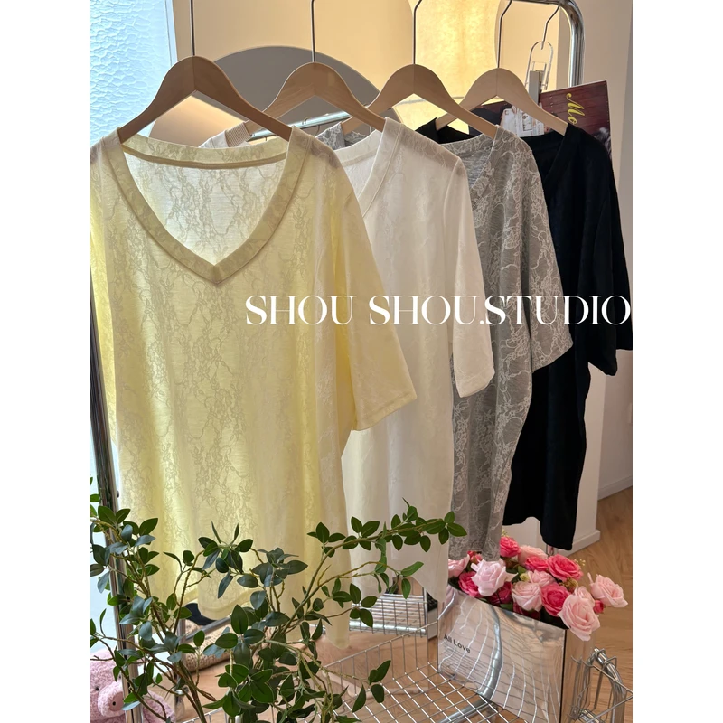 【瘦瘦】大码夏季V领蕾丝双层质感显瘦宽松休闲百搭气质短袖S01768