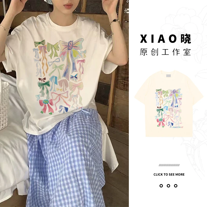 韩系甜美纯棉白色蝴蝶结短袖宽松休闲百搭InsT恤上衣#T010461