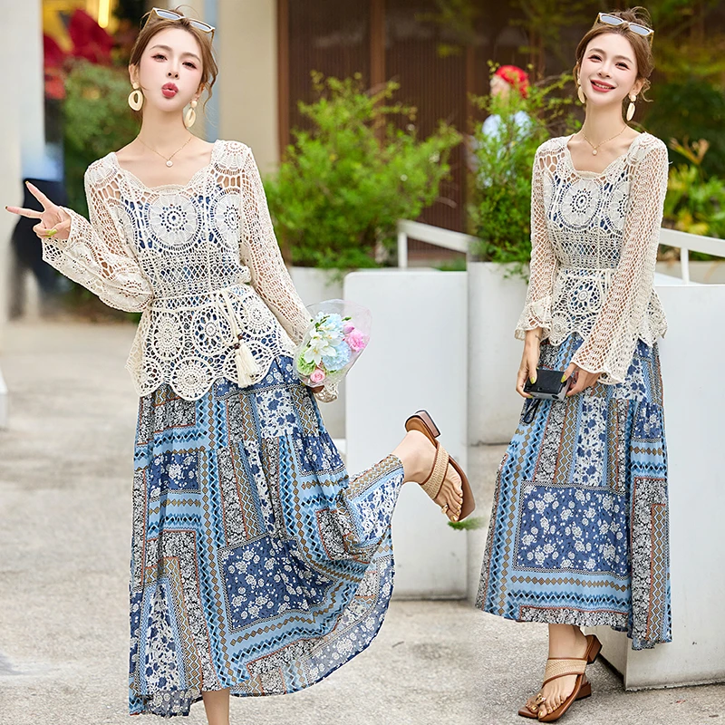 复古气质碎花吊带裙套装女2025夏季新款镂空针织上衣连衣裙两件套