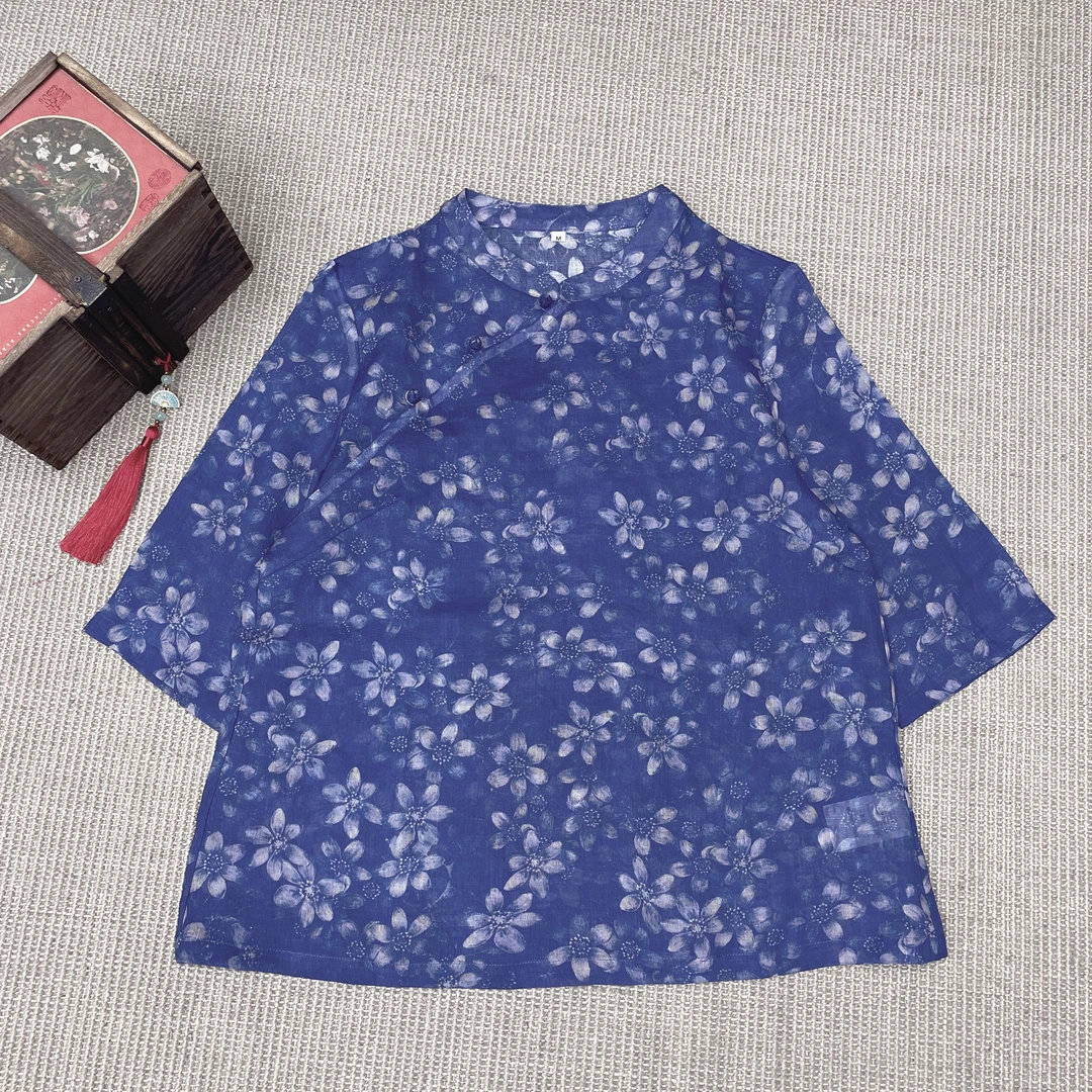 【麻布情结】香云苎麻斜襟茶服 印花新中式小衫