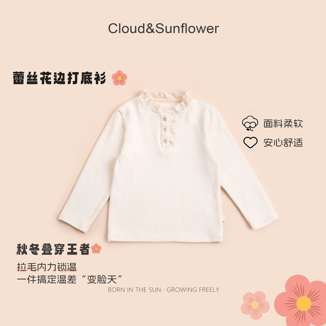 【云朵小葵】女童春季三粒扣蕾丝花边圆领百搭休闲打底衫991321