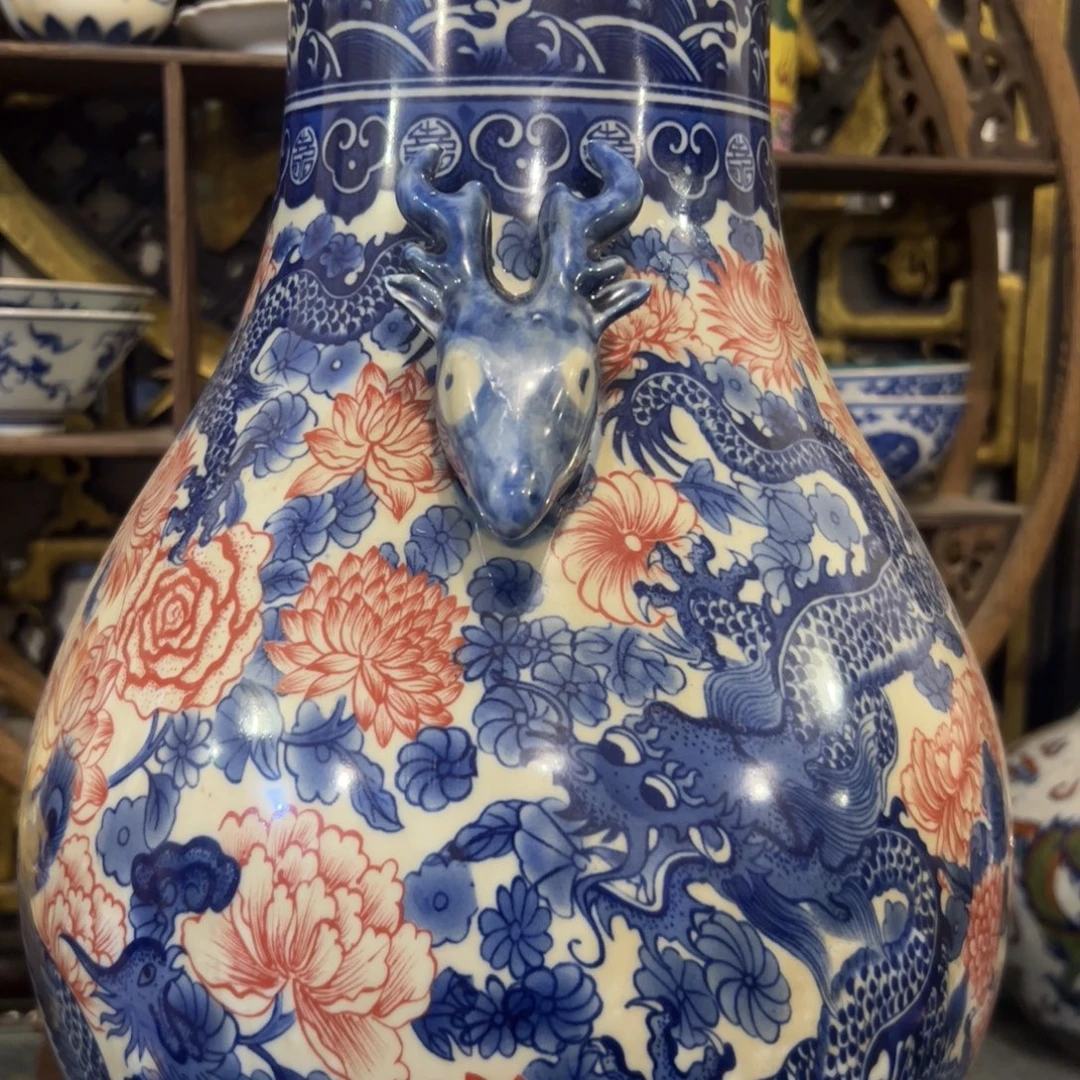 热***视摆件青花釉里红鹿头尊