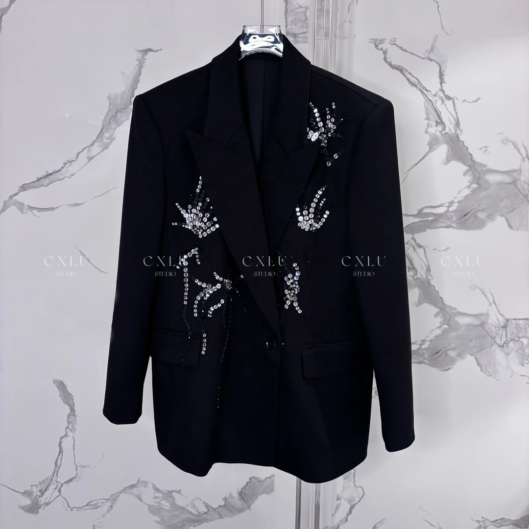 重工刺绣亮片宽松显瘦精致西装2693