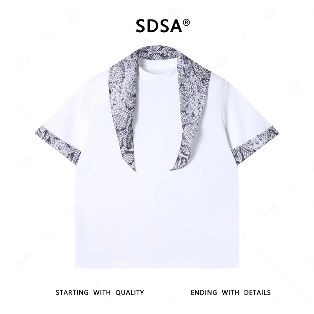 夏季高级感新款男士蛇纹卷边拼接T恤小众丝巾设计感百搭圆领上衣