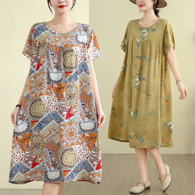 棉绸短袖连衣裙新夏季显瘦复古妈妈大码印花宽松中长款裙子240斤