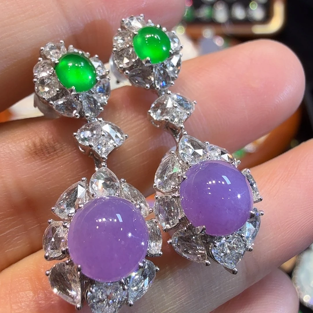 18K金镶嵌翡翠耳饰高冰红椿紫蛋面