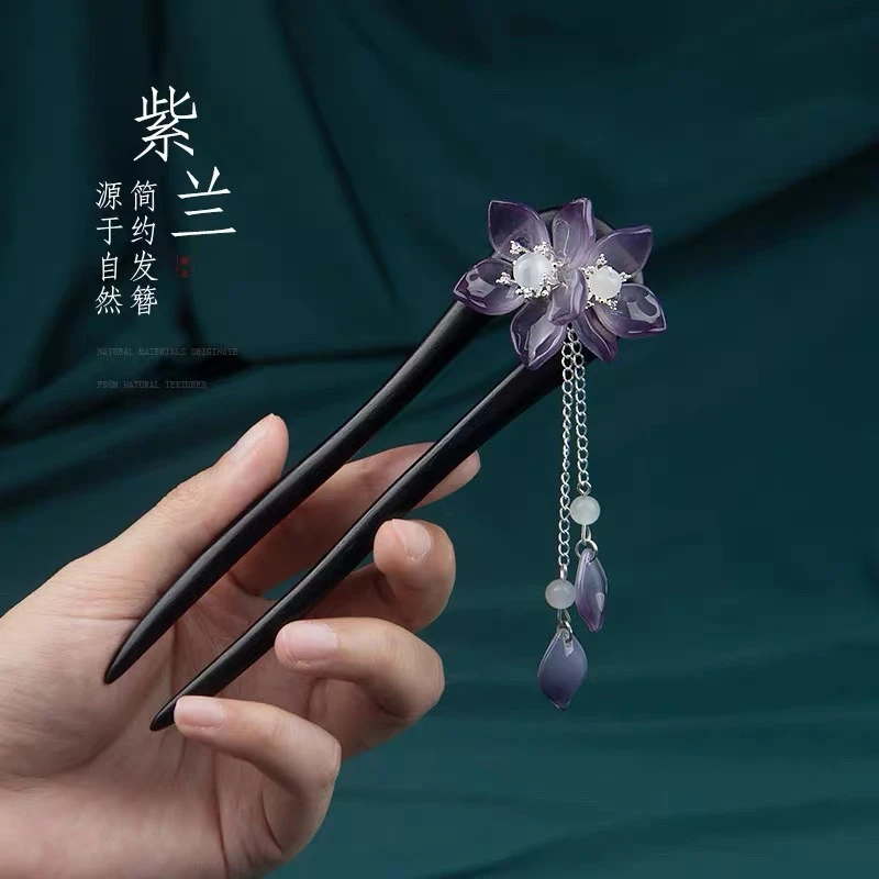 M172【紫兰花,U型】饰逅家15CM手工琉璃花U型发钗新中式国风发簪