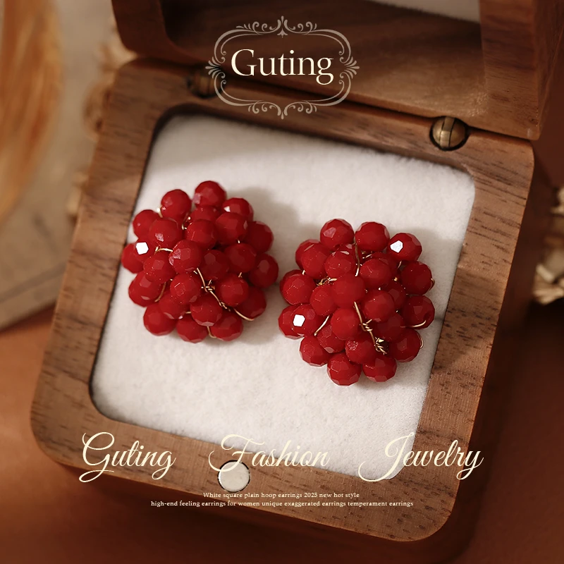 铜合金耳饰 22502红色树莓串珠圆球耳钉女漂亮耳饰高级感耳环