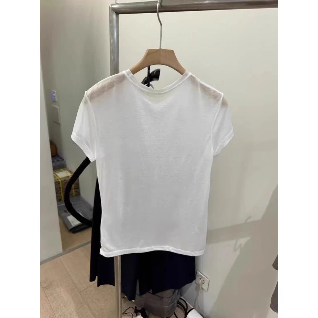 软软糯糯！巨好穿，!洋气薄款白色微透短袖T恤2025夏季百搭显瘦上衣