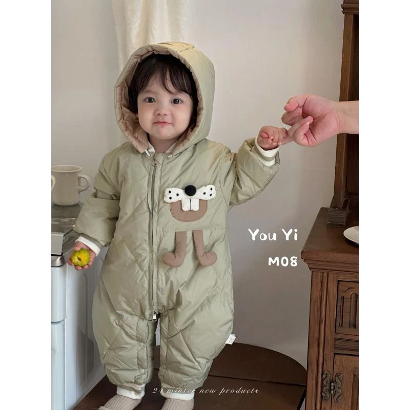 婴儿宝宝连帽连体衣外出服卡通萌趣长腿大牙狗白鸭绒羽绒服08