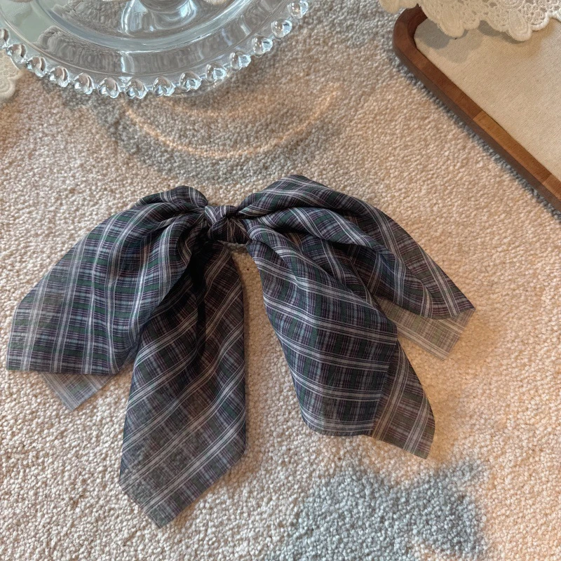 韩国新款网纱蝴蝶结弹簧夹发卡后脑勺气质格子文艺风少女马尾发夹