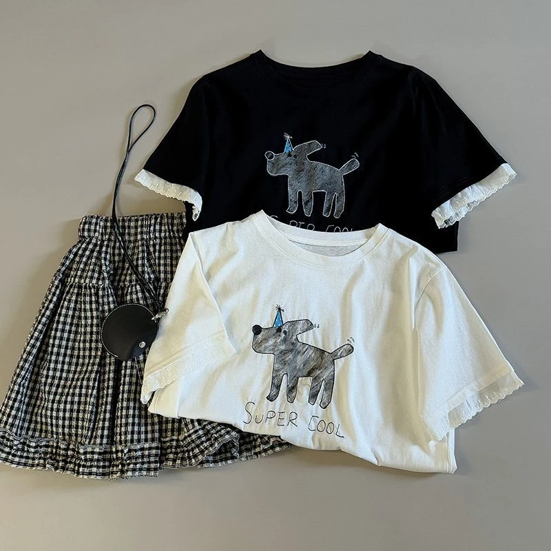 卡通小狗印花描边刺绣蕾丝短袖t恤女装2025年夏天新款学生上衣潮