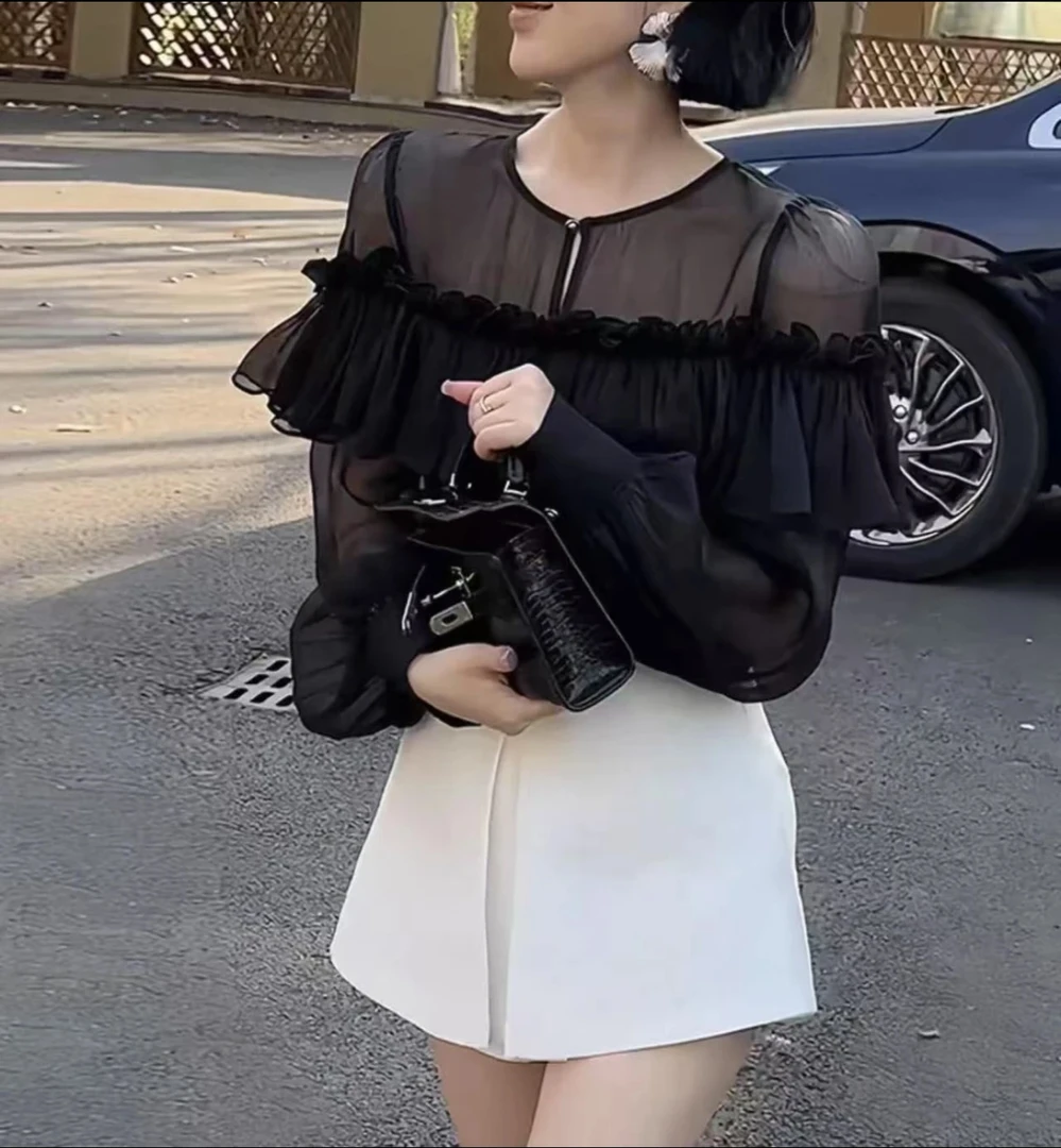 2025秋季防晒法式显瘦小众百搭宽松型静奢风气质荷叶边长袖衬衫