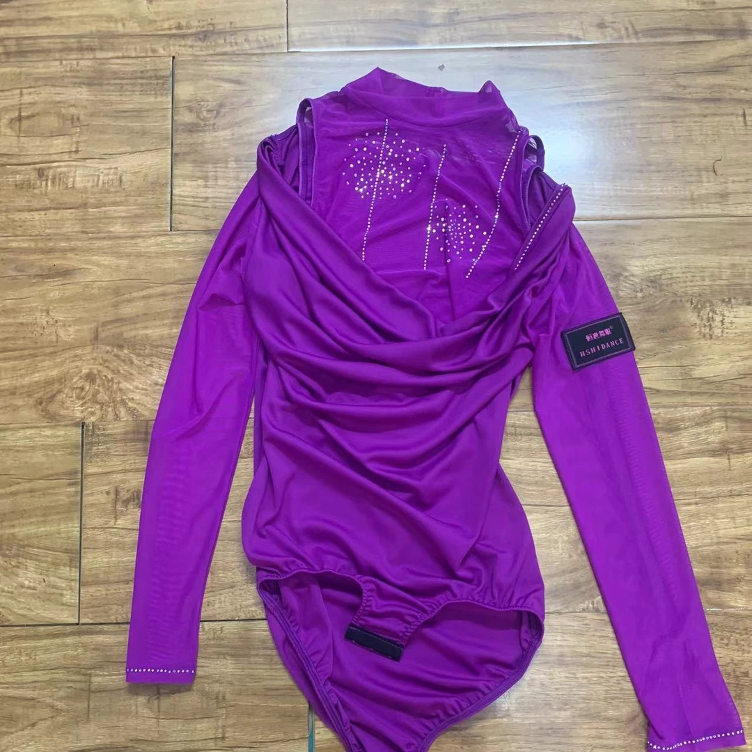 恒世舞服紫色高领烟花钻连体上衣