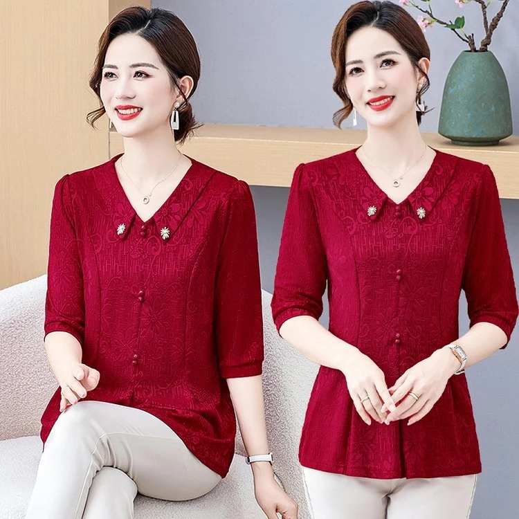 2025春夏新款衬衫领妈妈装小衫中老年时尚减龄显瘦洋气收腰短袖T