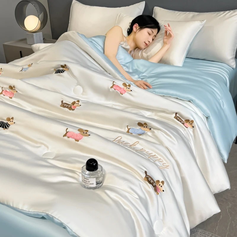 刺绣夏凉被四件套夏季凉感冰丝夏被卡通单双人空调被可机水洗床品