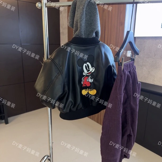 现货MZ.儿童秋季复古重工米奇休闲短款棒球服皮衣外套JN1631
