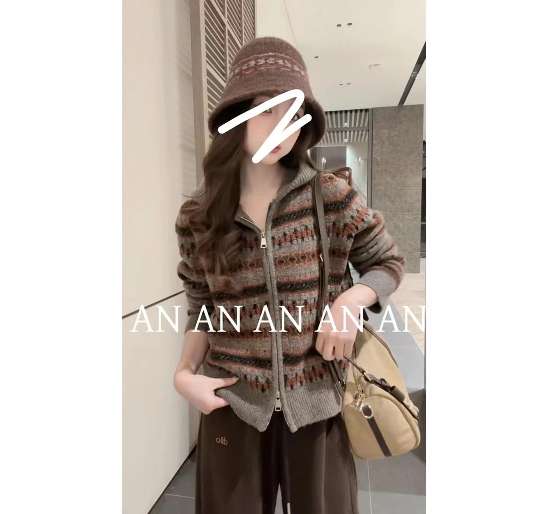 复古时髦氛围感宽松针织衫连帽双头拉链撞色毛衣外套